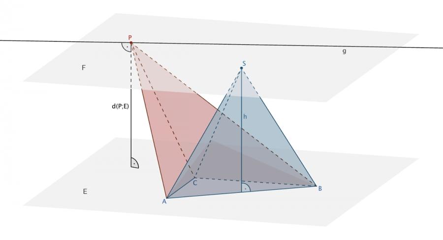 Lagebeziehung einer gerade g zur Ebenen E für gleiche Volumen der der Pyramiden ABCP