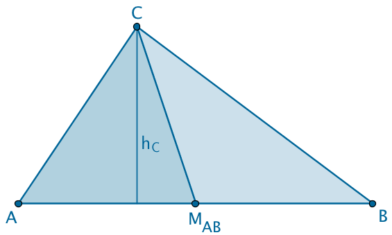 Grundfläche ABC, Teilung in zwei flächengleiche Dreiecke