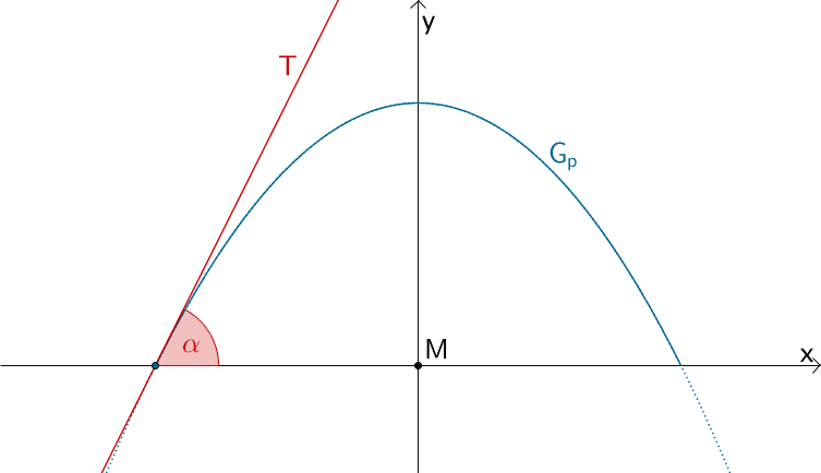 Steigungswinkel α der Tangente T an den Graphen der Funktion p im Punkt (-5|0)