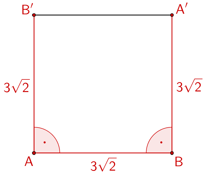 Veranschaulichung des Nachweises des Quadrats ABA'B' mithilfe von drei Seitenlängen und zwei rechten Winkeln
