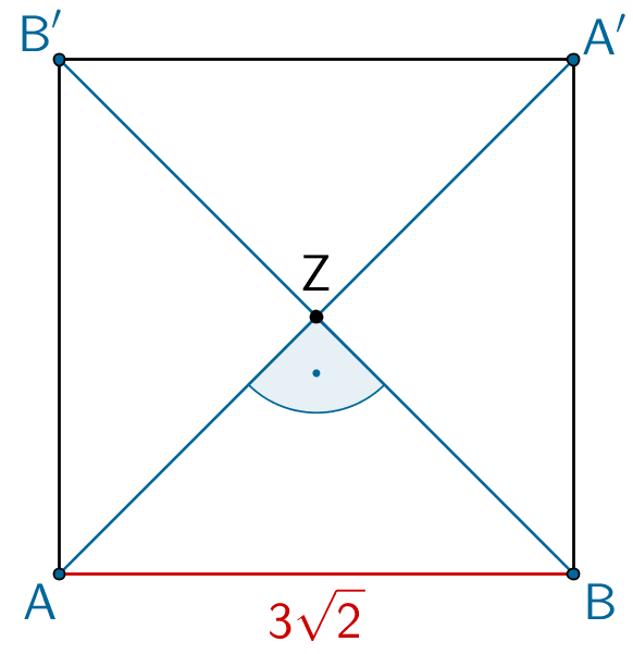 Veranschaulichung des Nachweises des Quadrats ABA'B' mithilfe der Diagonalen und einer Seitenlänge