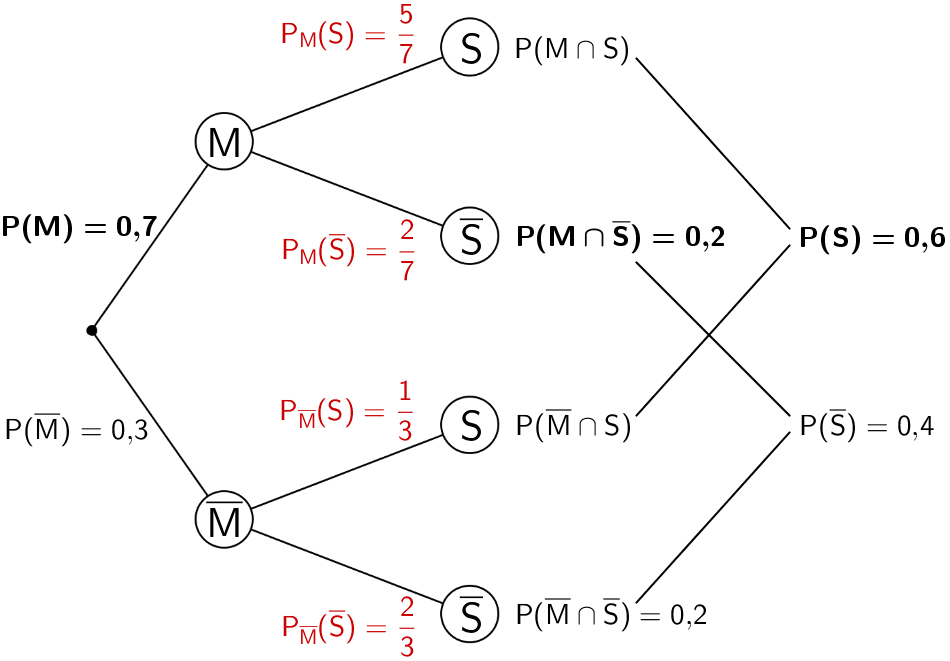 Baumdiagramm mit den Eintragungen der mithilfe der 1. Pfadregel und der Verzweigungsregel berechneten Wahrscheinlichkeiten