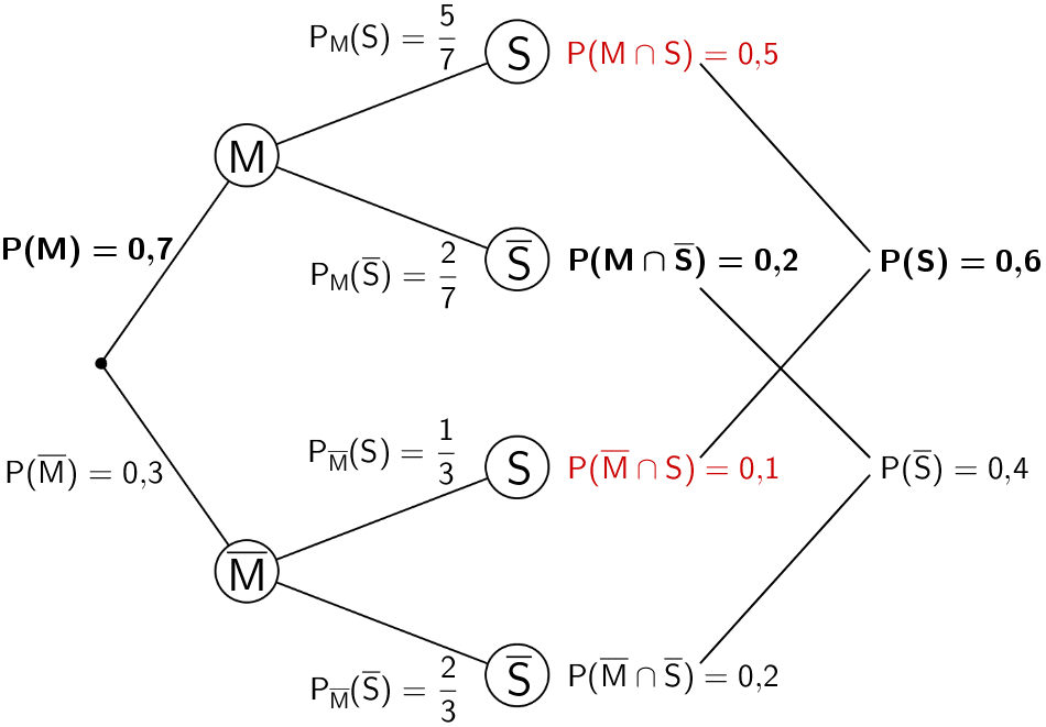 Baumdiagramm mit den Eintragungen der mithilfe der 1. Pfadregel berechneten Wahrscheinlichkeiten